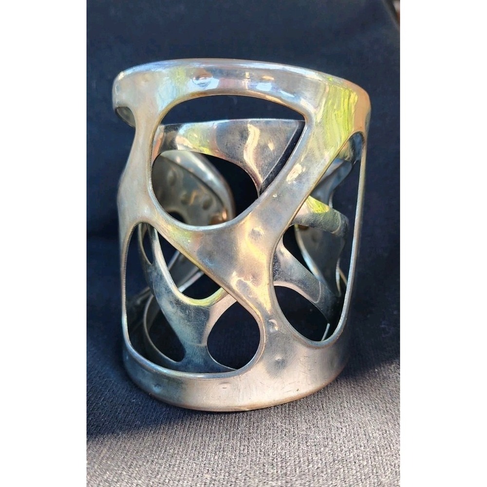 Vintage Modernist Wide Cuff Bracelet Double Open Cell Minimalist Trendy Silver T